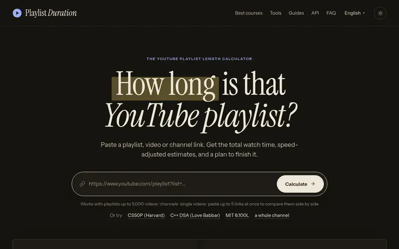 Screenshot of the Playlist Duration homepage