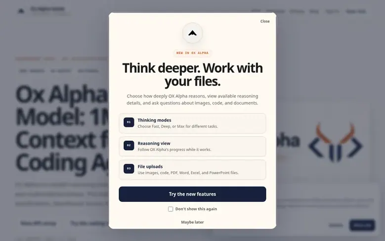 Screenshot of the Ox Alpha homepage