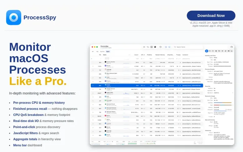Screenshot of the ProcessSpy homepage