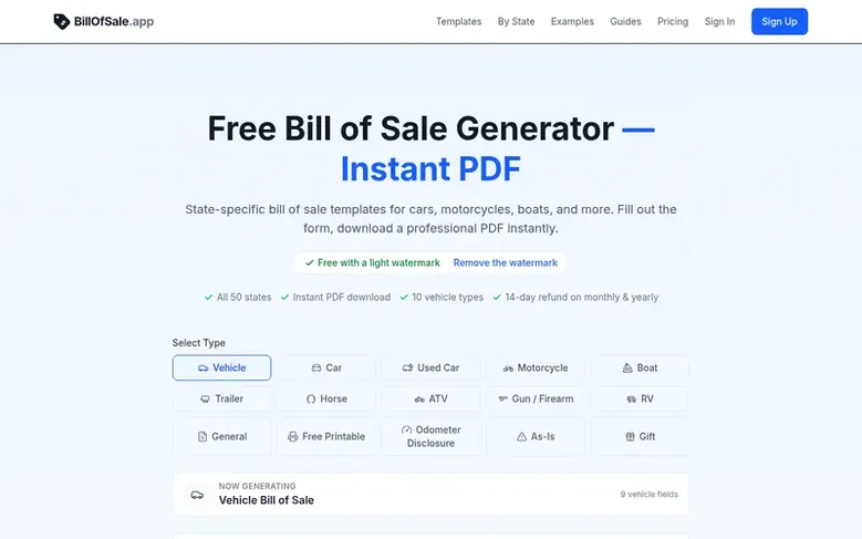 Screenshot of the BillOfSale.app homepage