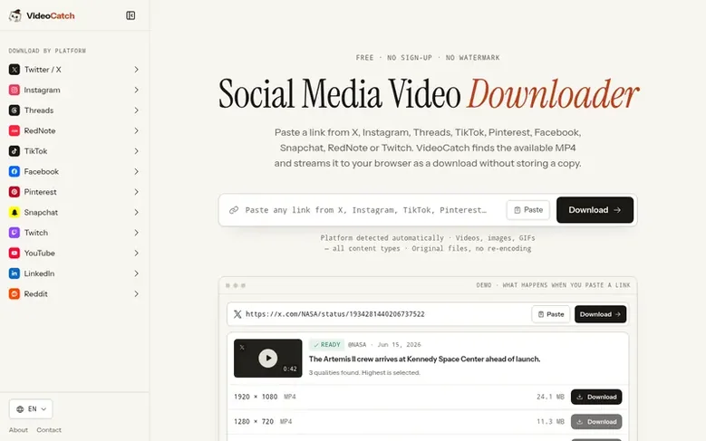 Screenshot of the VideoCatch homepage