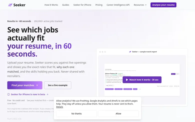 Screenshot of the SeekerScore homepage
