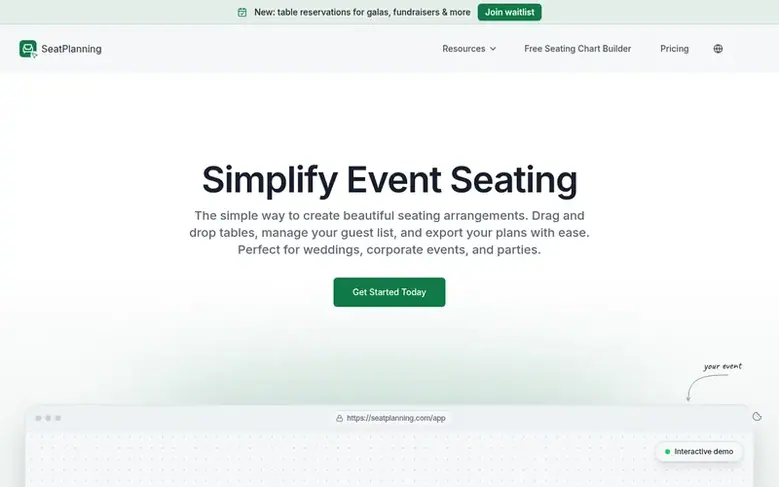 Screenshot of the SeatPlanning homepage