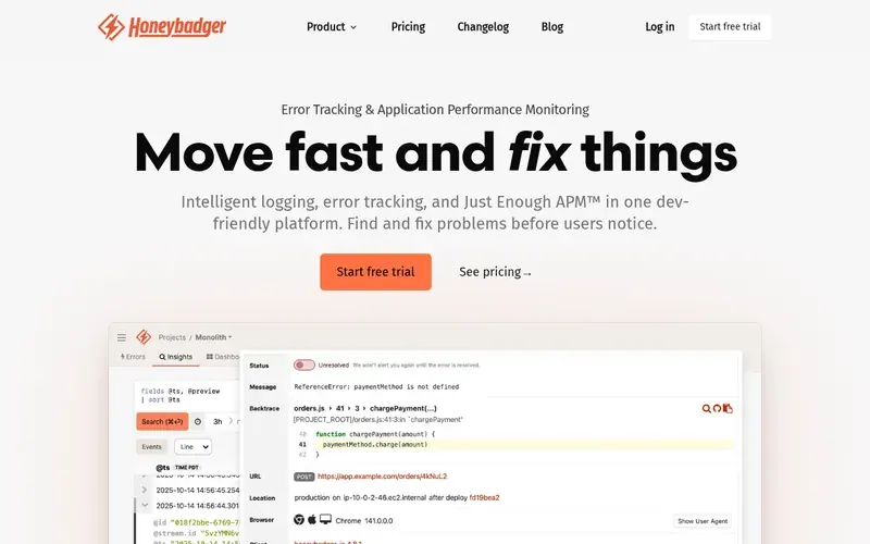 Screenshot of the Honeybadger homepage