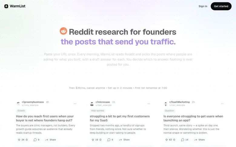 Screenshot of the WarmList homepage