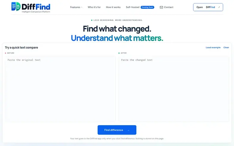 Screenshot of the DiffFind homepage