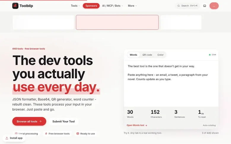 Screenshot of the Toolblip homepage