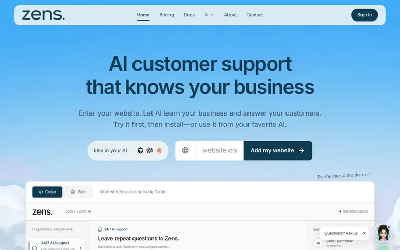 Screenshot of the Zens AI homepage