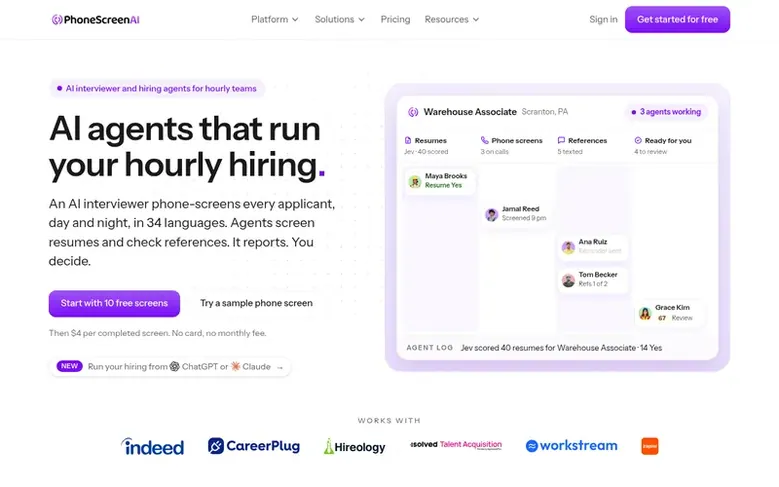Screenshot of the PhoneScreen.AI homepage