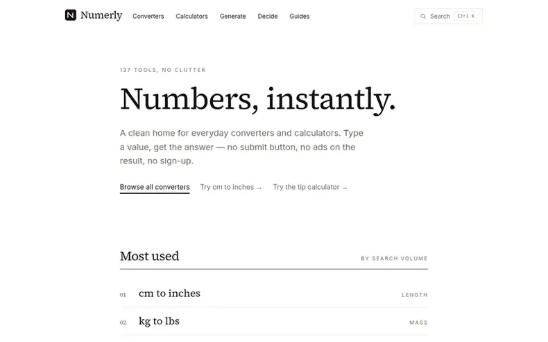 Screenshot of the Numerly homepage