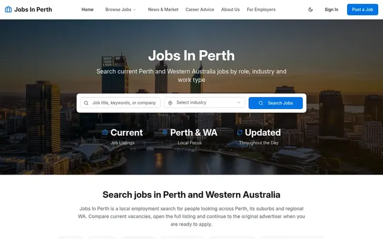 Screenshot of the Jobs In Perth homepage