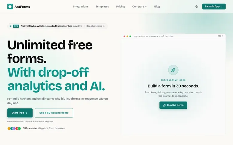 Screenshot of the AntForms homepage