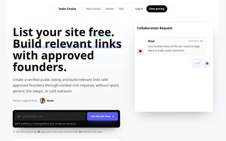 Screenshot of the Indie Chains homepage