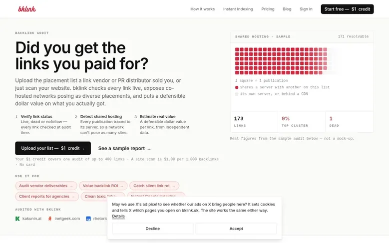 Screenshot of the bklink homepage
