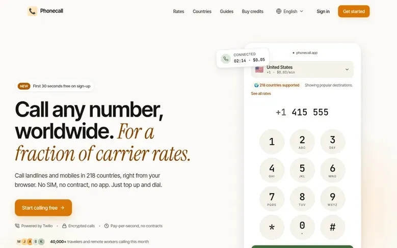 Screenshot of the Phonecall homepage