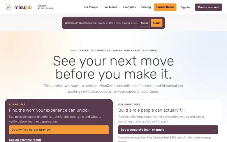 Screenshot of the MisuJob homepage