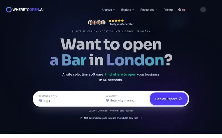 Screenshot of the WhereToOpen.ai homepage