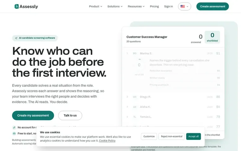 Screenshot of the Assessly homepage