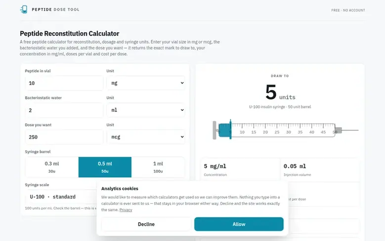 Screenshot of the Peptide Dose Tool homepage