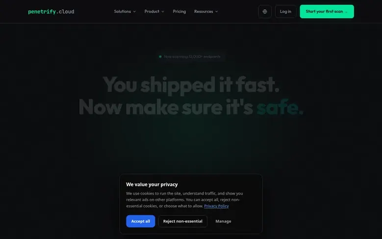 Screenshot of the Penetrify homepage