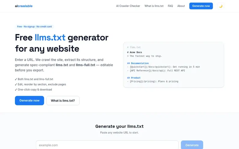 Screenshot of the aicrawlable homepage