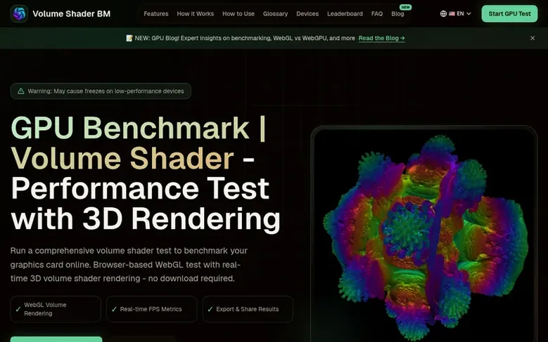 Screenshot of the Volume Shader BM homepage