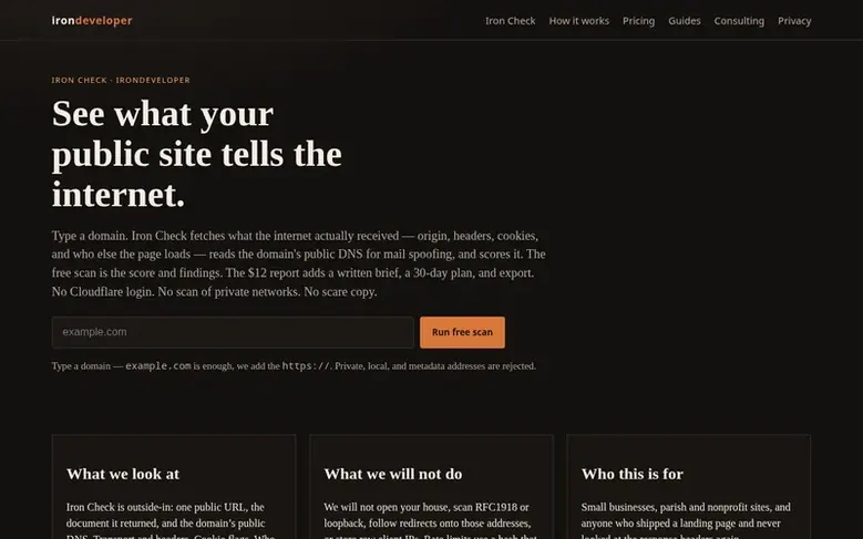 Screenshot of the Iron Check homepage