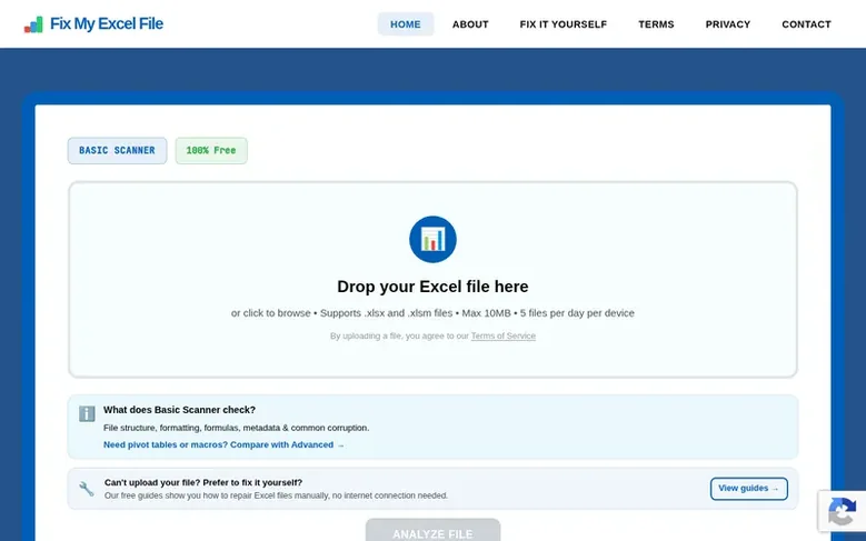 Screenshot of the Fix My Excel File homepage