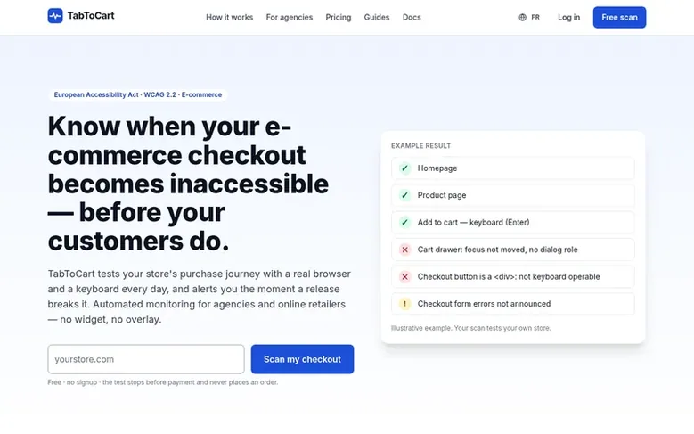 Screenshot of the TabToCart homepage