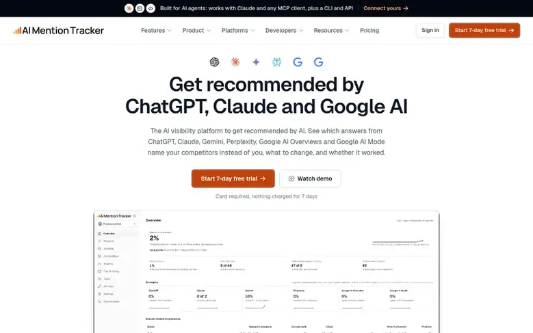 Screenshot of the AIMentionTracker homepage