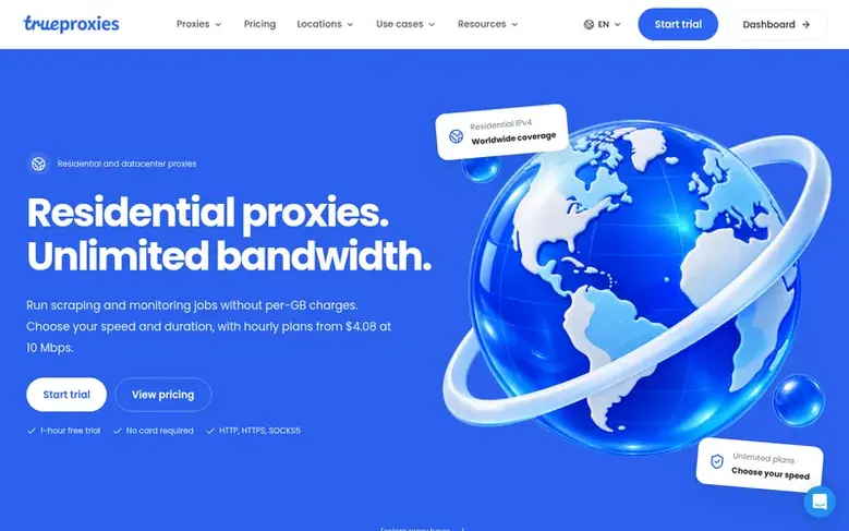Screenshot of the TrueProxies homepage