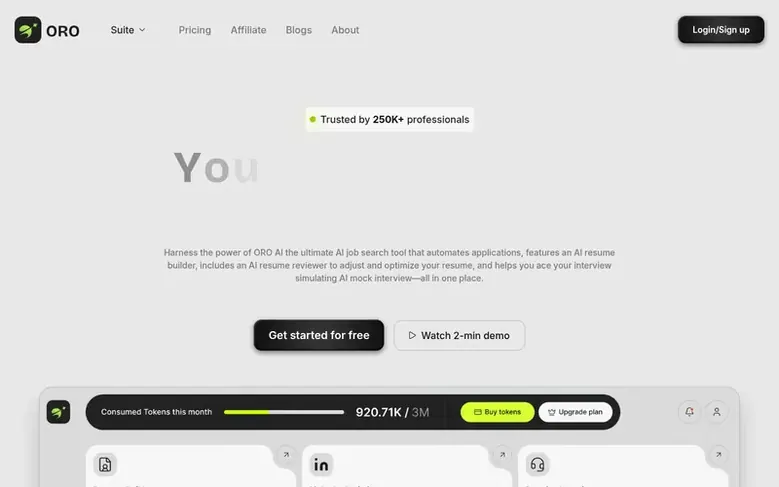 Screenshot of the ORO AI homepage