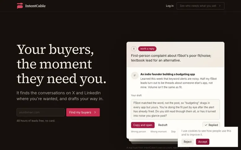Screenshot of the IntentCable homepage