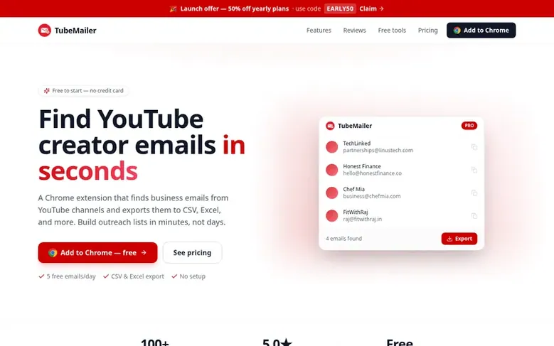 Screenshot of the TubeMailer homepage