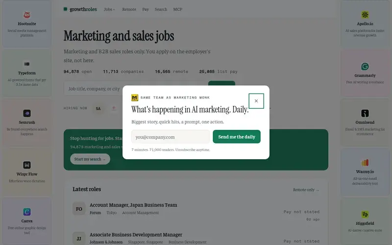 Screenshot of the growthroles homepage