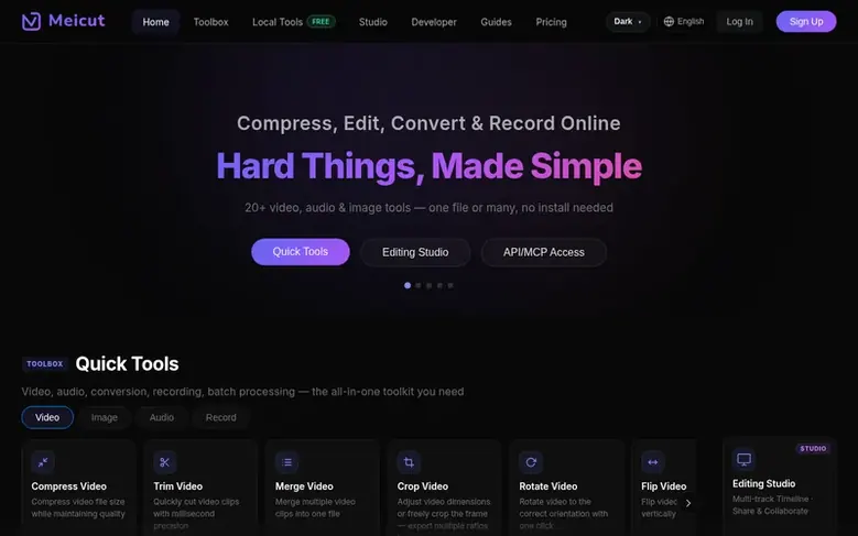 Screenshot of the Meicut homepage