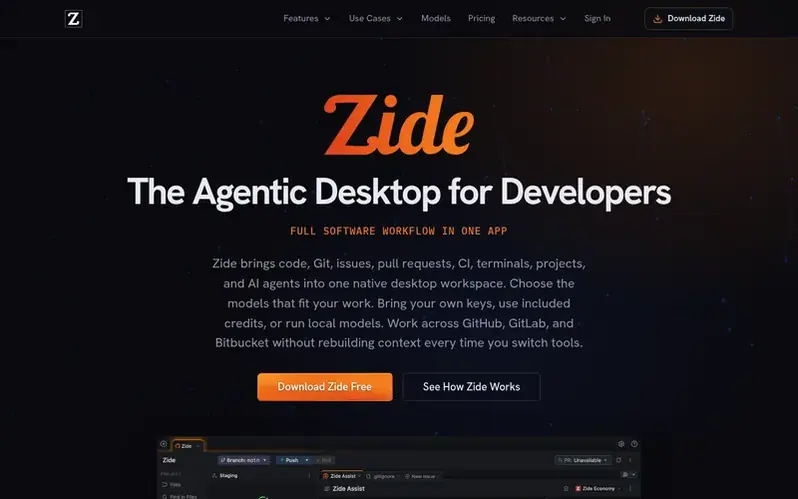 Screenshot of the Zide homepage