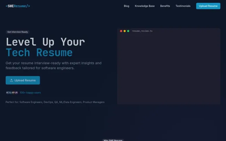 Screenshot of the SWE Resume homepage