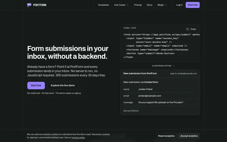 Screenshot of the PortForm homepage