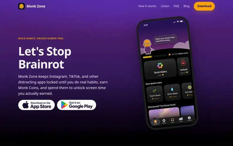 Screenshot of the Monk Zone homepage