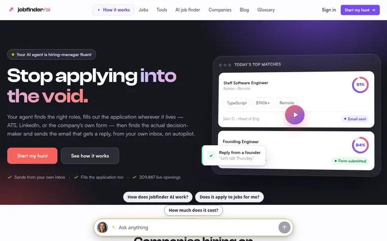 Screenshot of the Jobfinder AI homepage