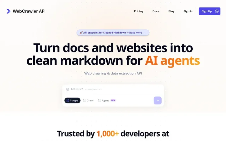 Screenshot of the WebCrawler API homepage