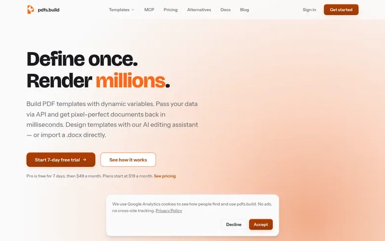 Screenshot of the pdfs.build homepage