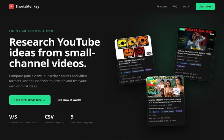 Screenshot of the ShortsMonkey homepage