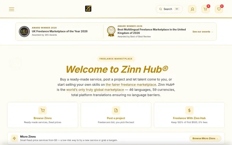 Screenshot of the Zinn Hub homepage